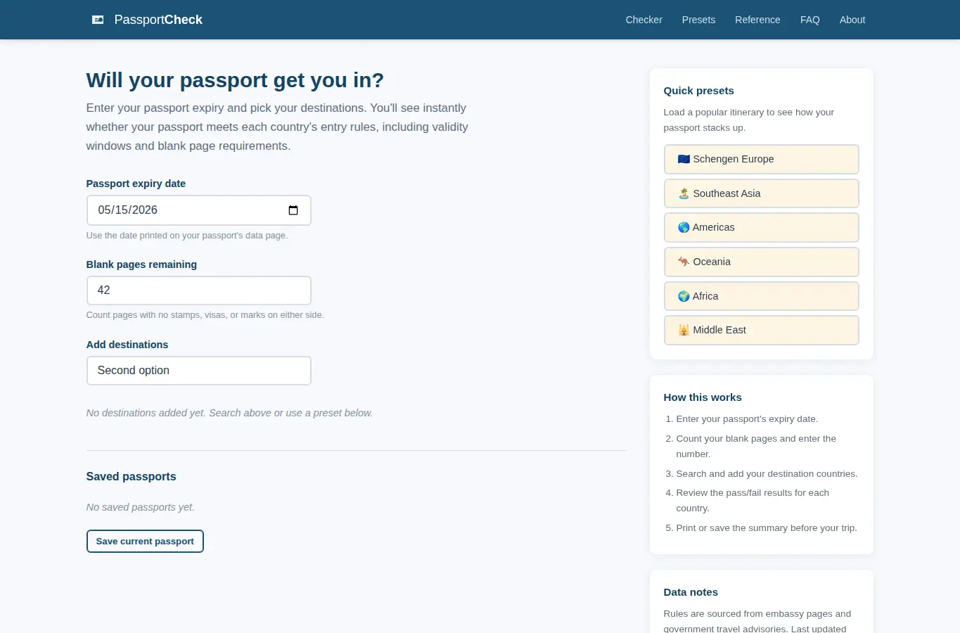 Screenshot of Passport Validity Trip Checker interface showing the project page in use